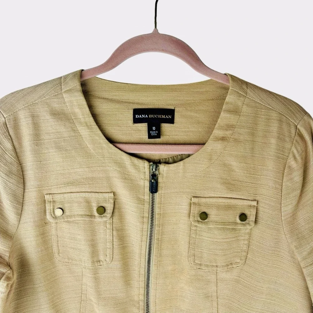 Dana Buchman Camel Yellow Blazer Womens 10 Linen Textured Zip Jacket Tan‎